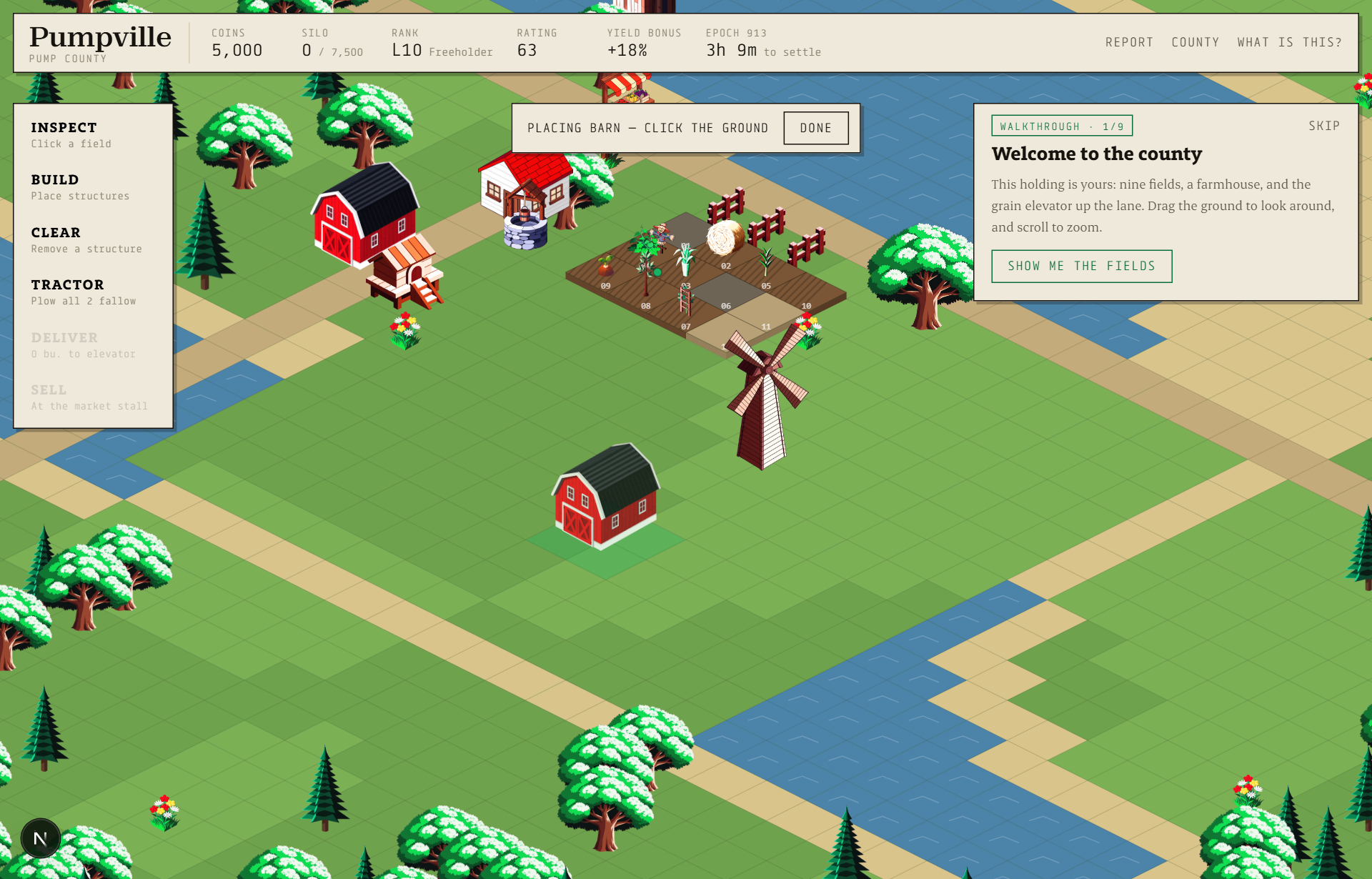 Build mode with a barn ghost showing a valid green footprint