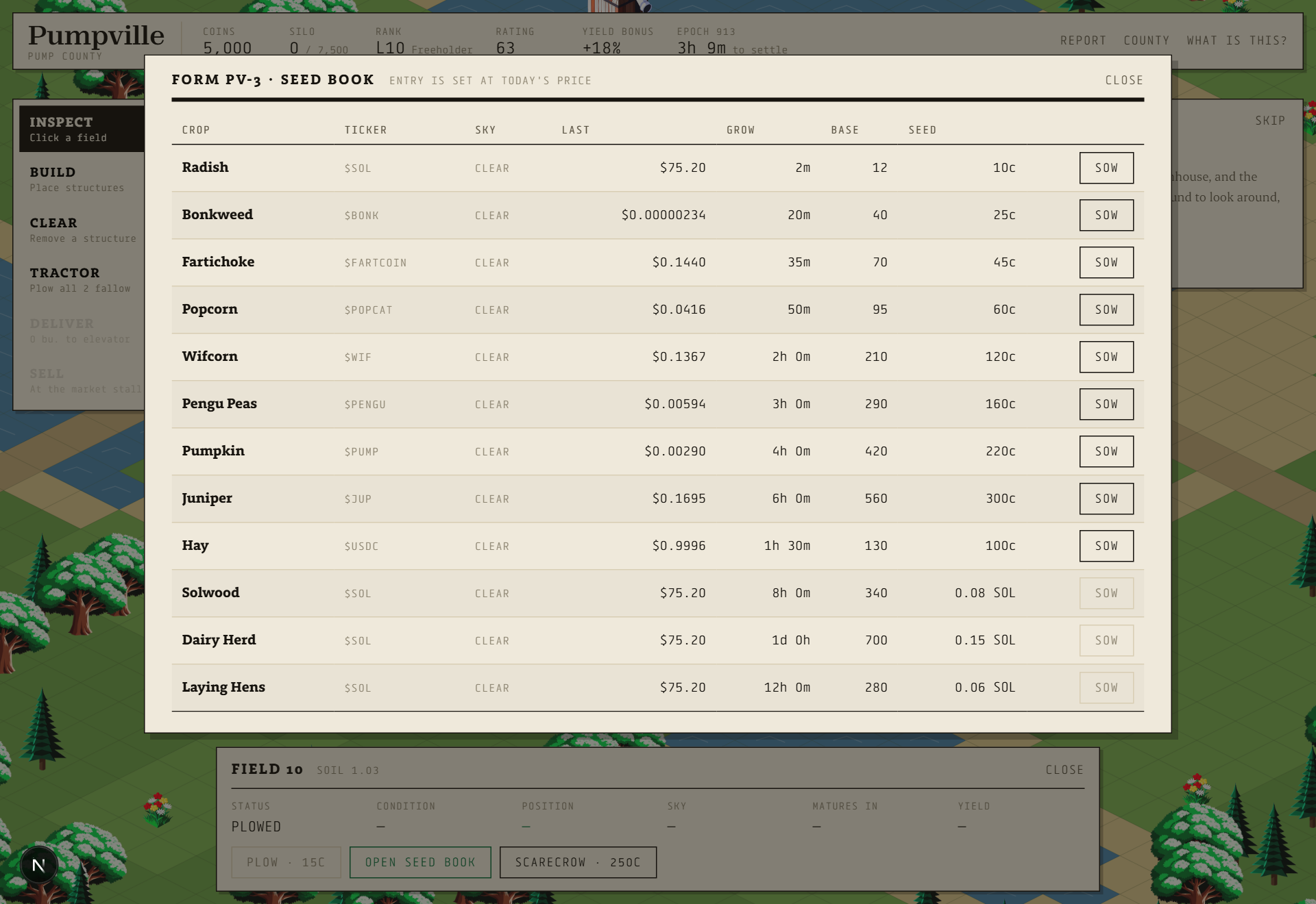 The seed book panel listing crops, their tickers, skies and prices