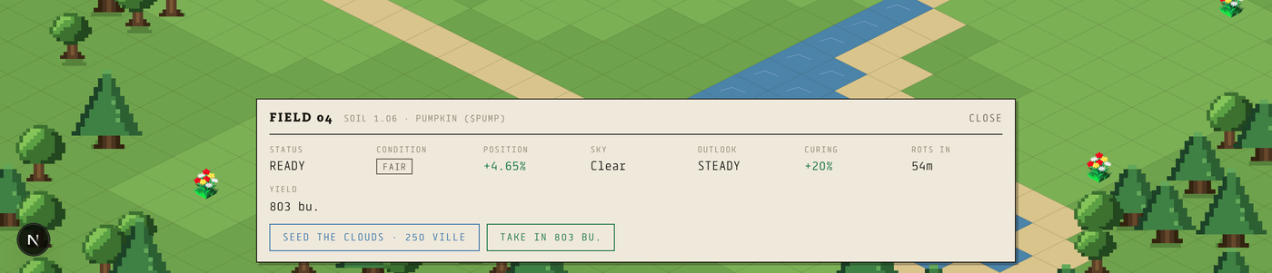 A field card showing outlook, curing and the seed-the-clouds action