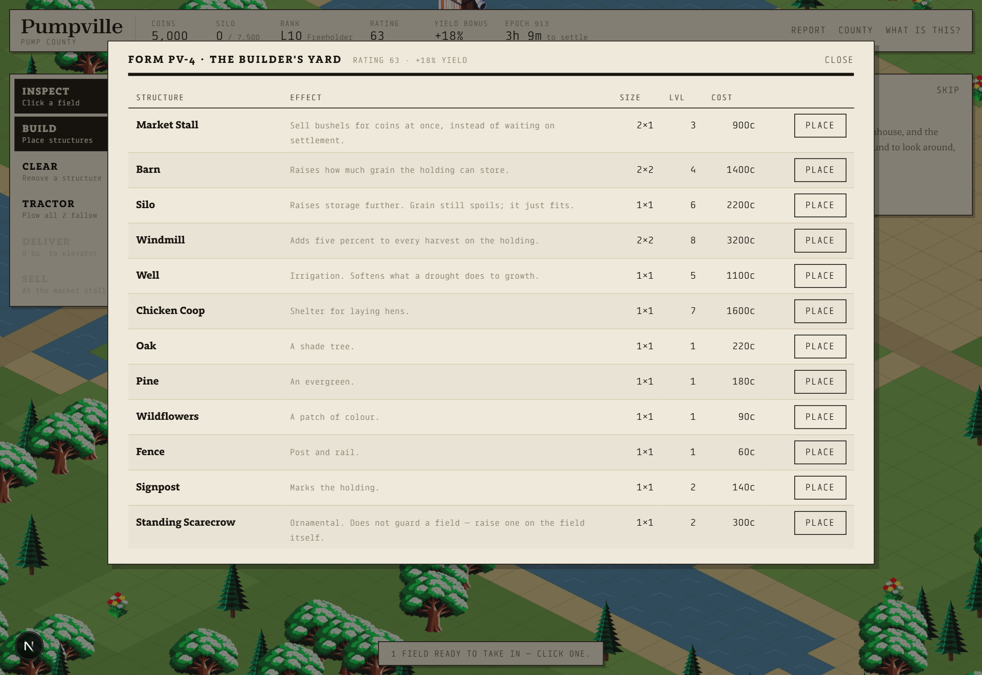 The builder's yard listing structures, effects, sizes and costs