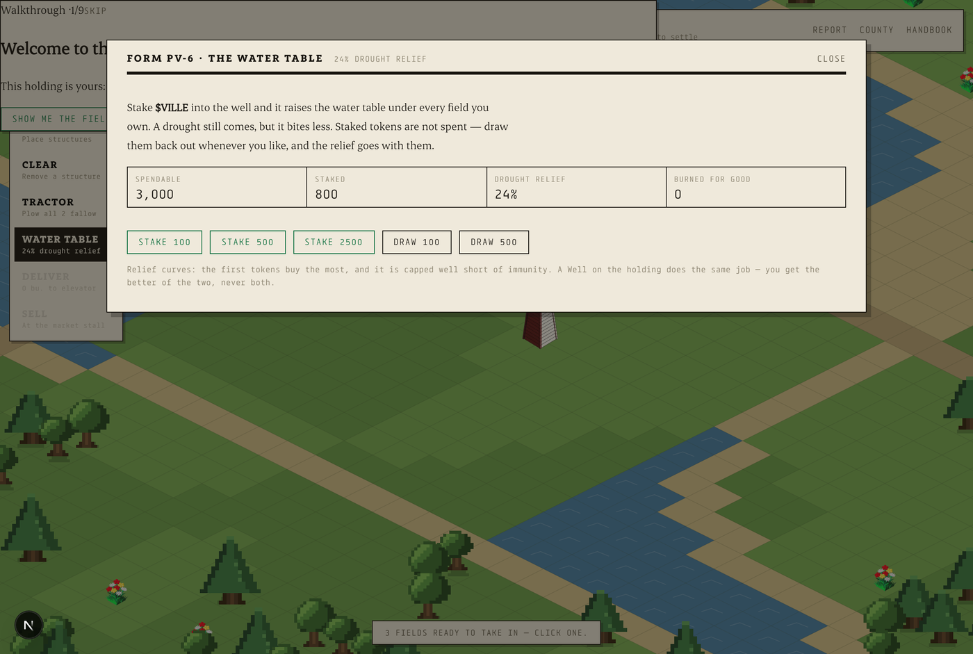 The water table panel showing staked VILLE and drought relief