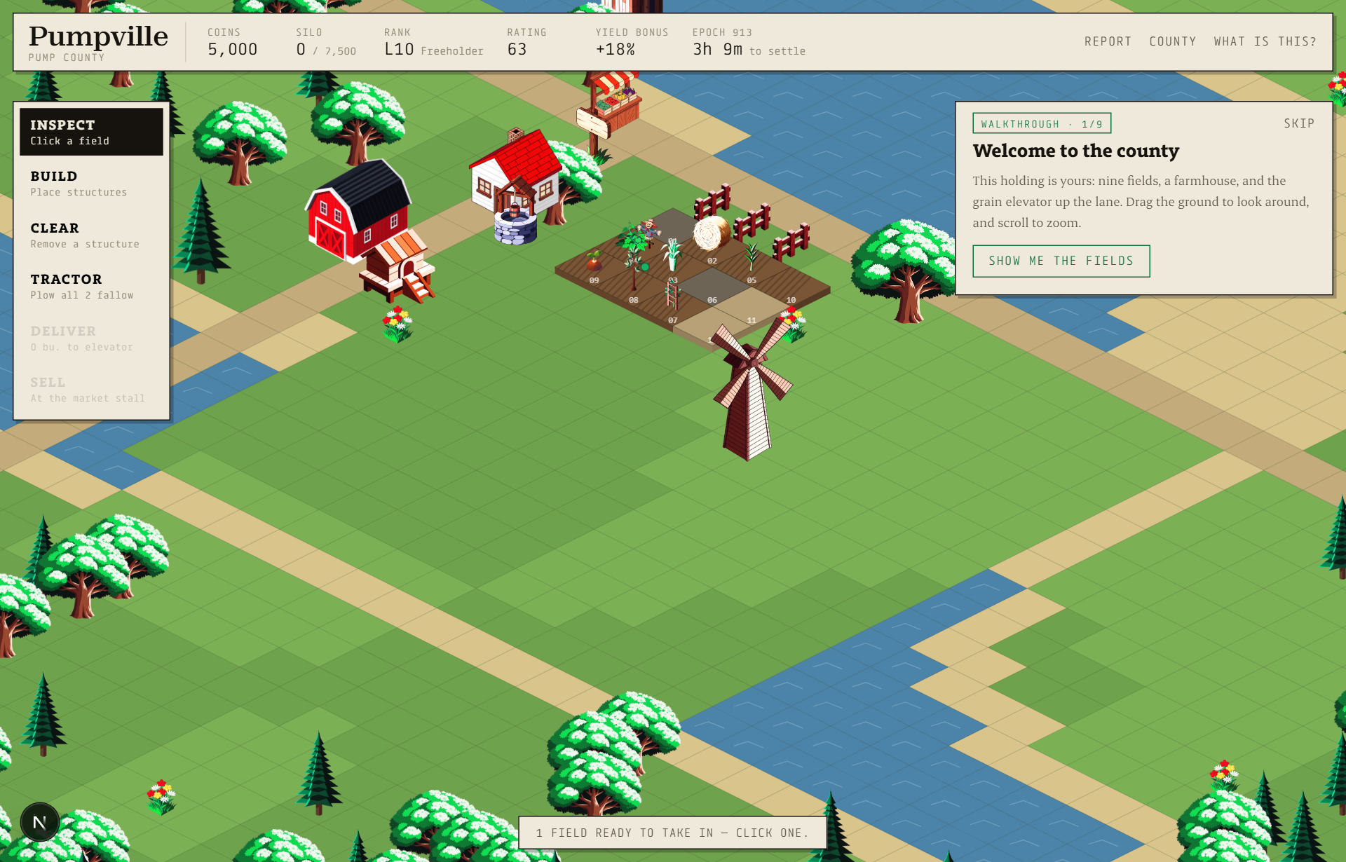 The isometric county with fields, farmhouse, barn and windmill